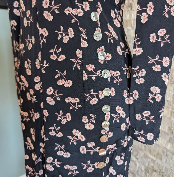 Vintage 90s Black Floral Dress Shoulder Pads Ruffle Slit Button Detail Sz 2 - Picture 5 of 14